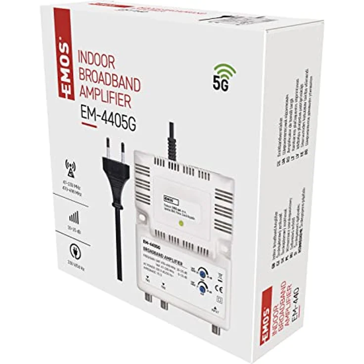 EMOS Breitband-Verstärker 25 dB, Signalverstärker für DVB-T2 und Kabelfernsehen, Frequenzbereich 47–230 MHz, 470–698 MHz, 1 Eingang, 2 Ausgänge, 10,5 x 13,5 x 4 cm – Bild 4