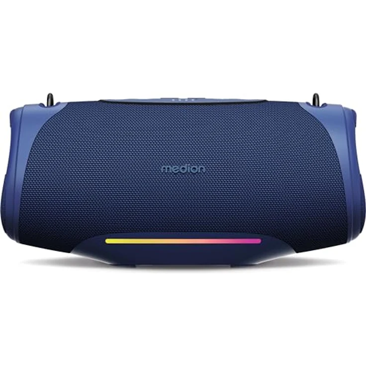 MEDION P61762 tragbarer Bluetooth Lautsprecher (Akku, Bass Boost, RGB Lichteffekte, IPX7 Wasserschutz & robust, integrierte Powerbank, 2X 25 W RMS) Blau – Bild 2