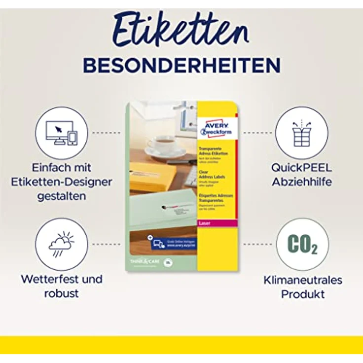 AVERY Zweckform L7563-25 Adressetiketten/Adressaufkleber (350 Etiketten, 99,1x38,1mm auf A4, bedruckbar, selbstklebend, für DIN lang Briefkuverts, durchsichtige Polyesterfolie) 25 Blatt, transparent – Bild 2