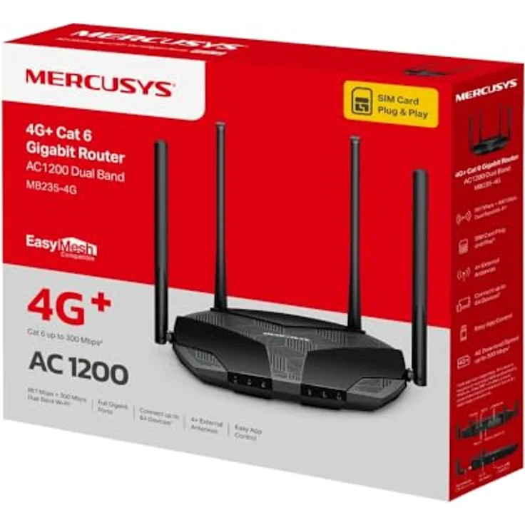 Mercusys MB235-4G, WLAN Router mit 4 Ethernet-Anschlüssen, LTE-SIM-Slot und Sicherheitsfunktionen, Schwarz