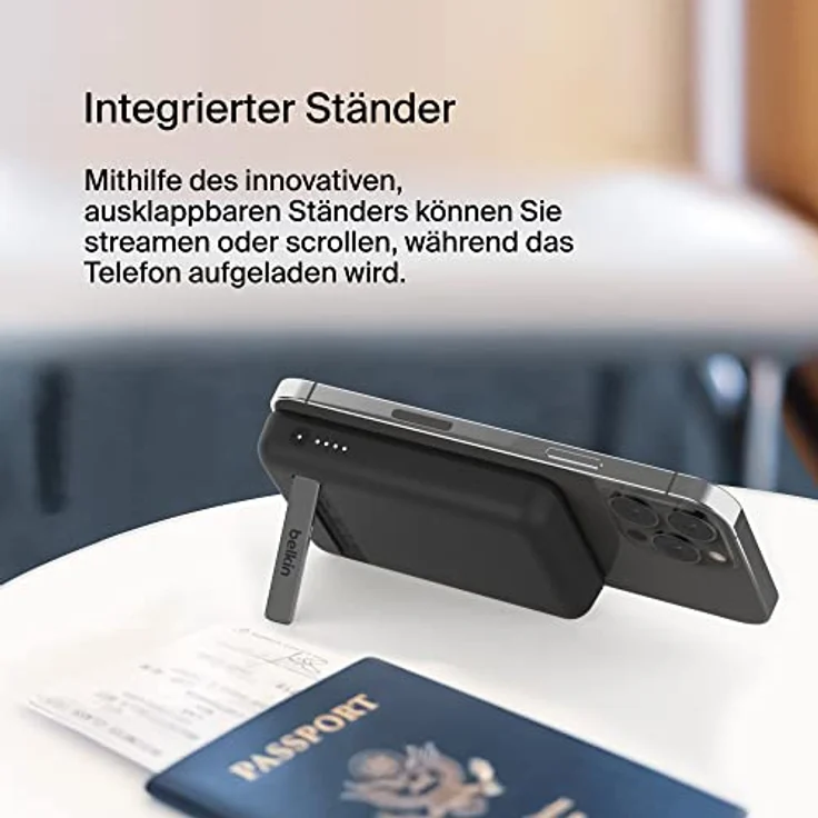 Belkin magnetische 5000-mAh-Powerbank, externer Handy-Akku, kompatibel mit MagSafe, mit Passthrough-Ladefunktion und Ständer, 7,5 W Ausgang, 10 W Eingang, kompatibel mit iPhone 15, 14, 13 – Schwarz – Bild 5