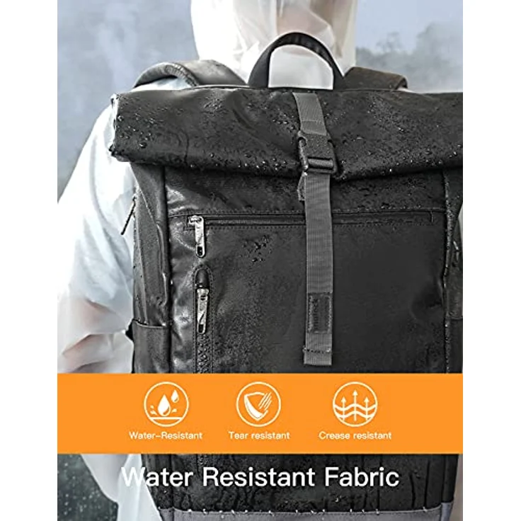 Inateck RollTop Rucksack Herren Damen 25L-30L Schwarz - LaptopRucksack mit Spritzwasserschutz, flexiblem Stauraum & 17 Zoll Laptopfach – Bild 5