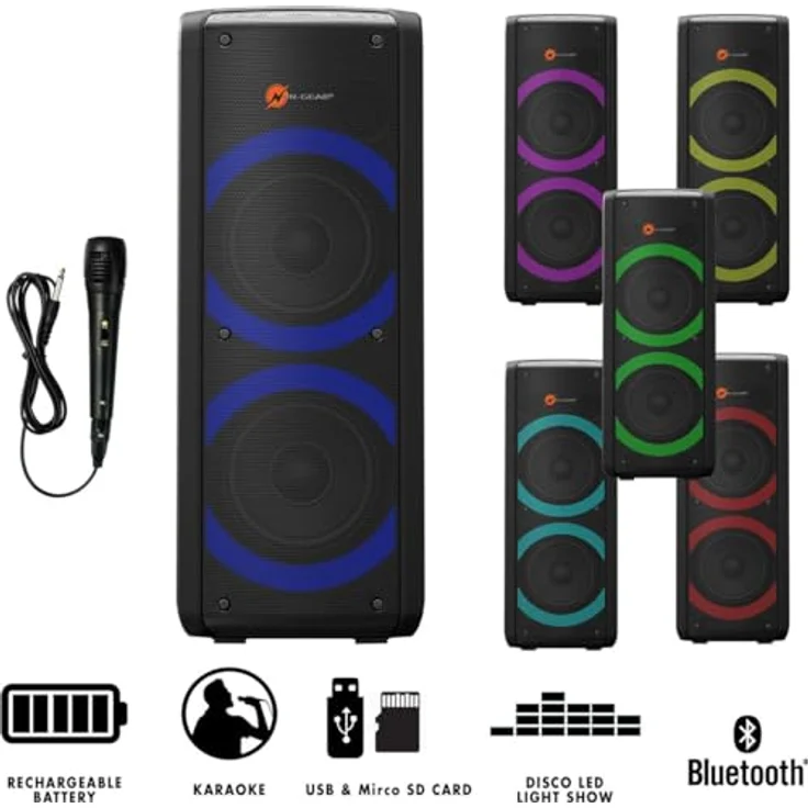 N-Gear Let’s go Party Bluetooth Lautsprecher, Schwarz, Karaoke Mikrofon, Disco-LEDs, 4 h Akkubetrieb – Bild 5