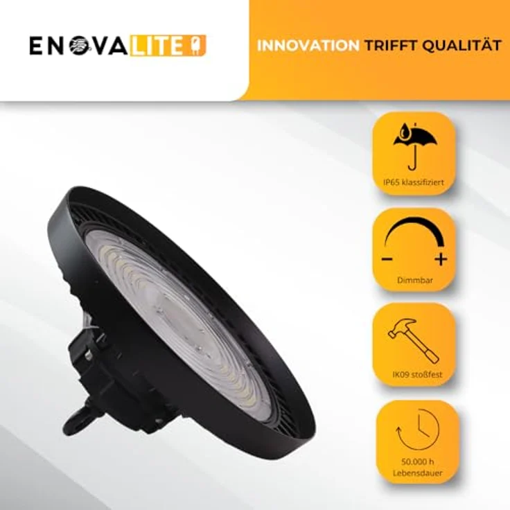 ENOVALITE Hallenstrahler LED Hallenleuchte 150W, 5000K Neutralweiß, 0-10V Dimmbar, 25500lm, IP65, IK09, 5 Jahre Garantie, UFO Lampe High-Bay, Marken-Netzteil – Bild 2