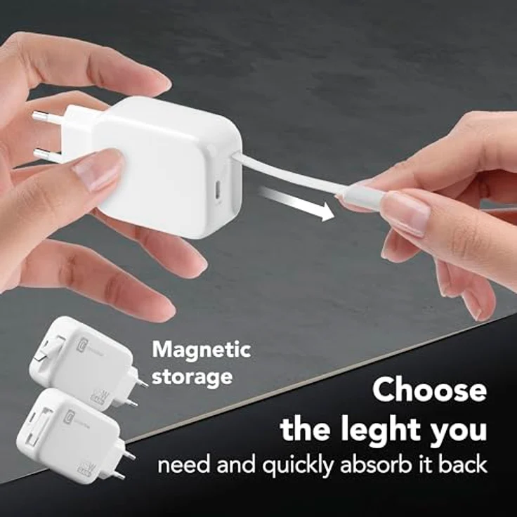 Cellularline 65W-Wandladegerät mit 90 cm einziehbarem USB-C-Kabel, GaN-Technologie, Doppeltem USB-C Power Delivery-Anschluss, Weiß – Bild 5
