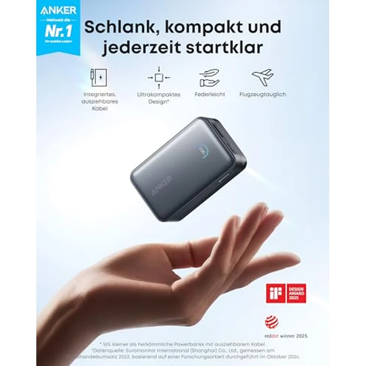 Anker Nano Powerbank 10.000mAh, Externer Akku mit 70cm Einzugskabel, 45W Max, Smart-Display, für iPhone 16 Serie, iPad, Galaxy, Pixel und mehr, Reisefreundlich – Bild 2
