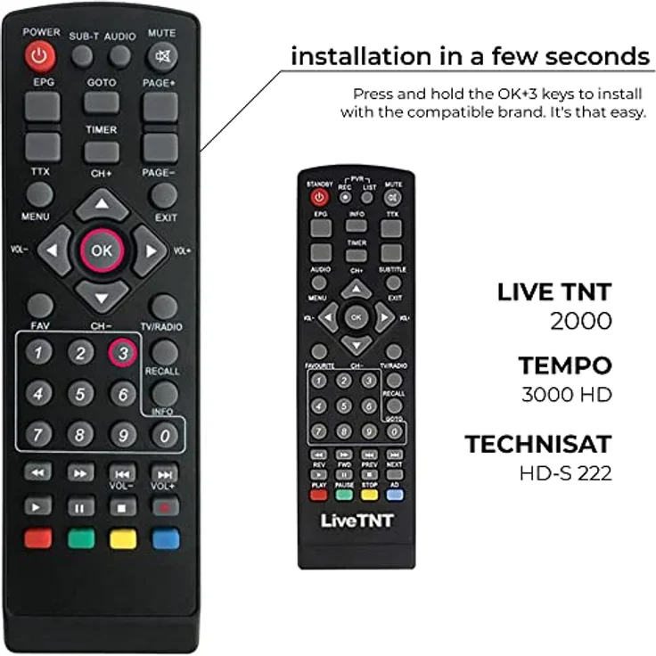 LEYF Universal 7in1 Fernbedienung Kompatibel für DVB-T TNT Receiver Strong, Echosat, Tempo, Leyf, Engel, Metronic, Strom, LiveTNT, Xoro, Thomson, Edision – Bild 5
