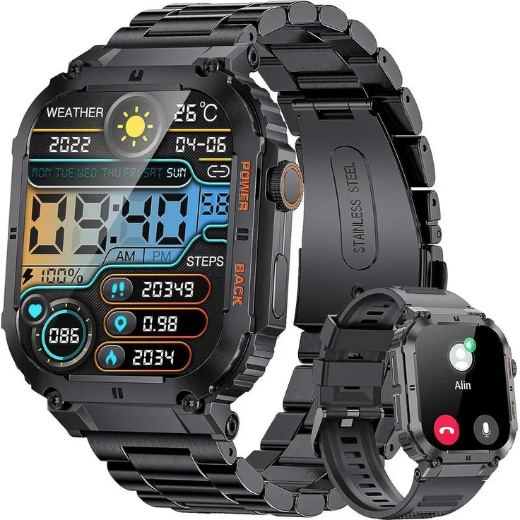 JUNG LIGE Smartwatch Herren Fitnessuhr, 1,96 Zoll Bluetooth Telefon Funktion, 100+ Trainingsmodi, IP68 Wasserdicht, schwarz
