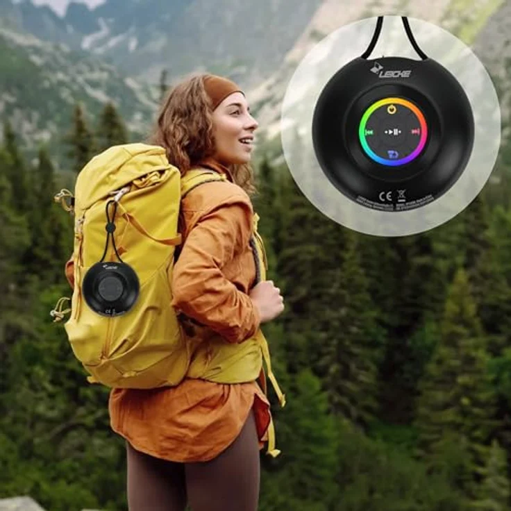 LEICKE DJ Roxxx Shower II, Tragbarer Bluetooth Mini-Lautsprecher mit 5W Sound, LED-Licht, Handschlaufe & USB-C, spritzwassergeschützt, ideal für Dusche und Outdoor-Aktivitäten – Bild 2