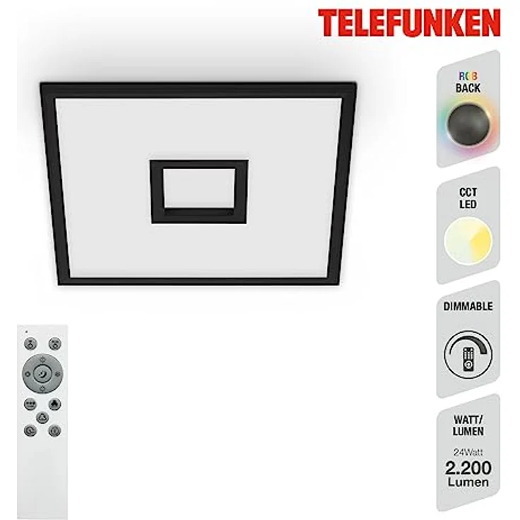TELEFUNKEN - LED Panel, LED Deckenleuchte, Deckenlampe dimmbar, inkl. Fernbedienung, RGB-Innenbereich und -Backlight, 24 Watt, 2200lm, Timerfunktion, 445x445x63mm (LxBxH) 319405TF Schwarz – Bild 2