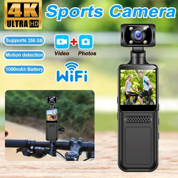 Exlene Mini-Kamera ZC-M12, 4K 1080p Taschen-Camcorder mit 1,31-Zoll-HD-Bildschirm, 180° drehbar, WLAN, wasserdicht, schwarz
