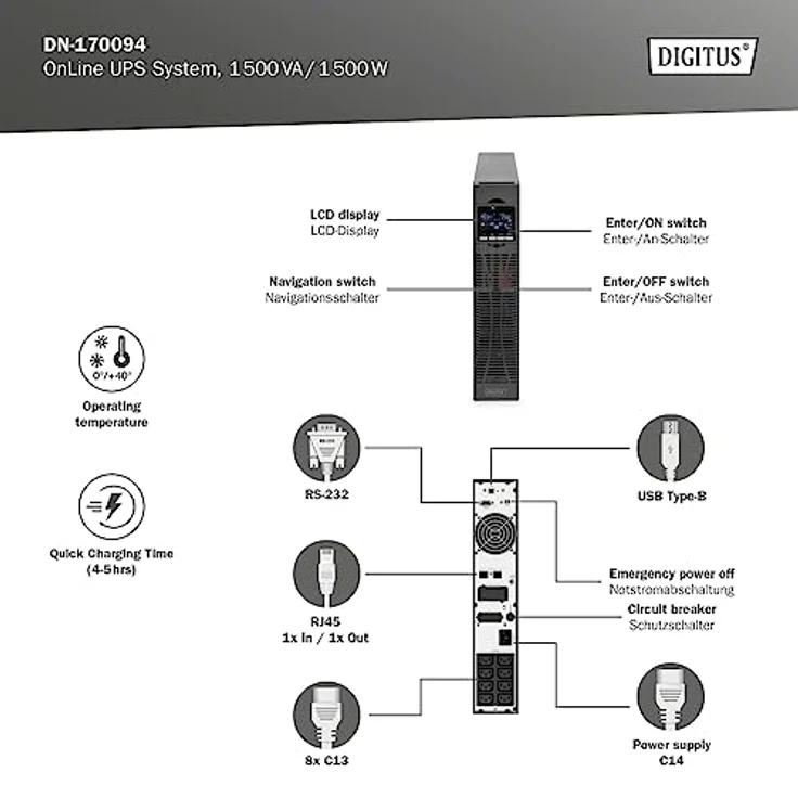 DIGITUS OnLine USV-System - 1500 VA / 1500 W - 19-Zoll Montage - Schwarz – Bild 3