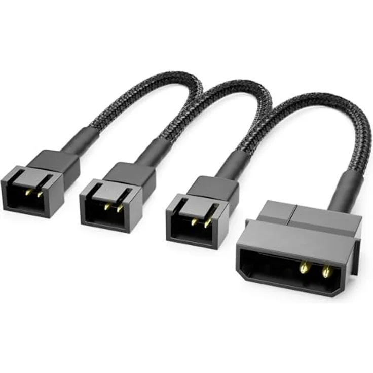 deleyCON 20cm 4-Pin Molex 5V auf 3x3-Pin Lüfterkabel Schwarz - Lüfteradapter für Prozessor- und Gehäuselüfter, Flexibles 20cm Kabel, Zuverlässige Stromversorgung – Bild 1