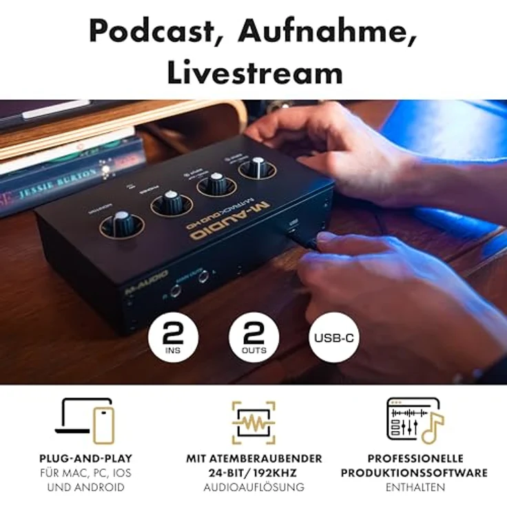 M-Audio M-Track Duo HD Producer Pack, 2-Kanal USB Audio Interface mit M100 Kondensatormikrofon und HDH41 Studio Monitoring Kopfhörern für Aufnahmen, 24-Bit/192kHz, schwarz – Bild 3