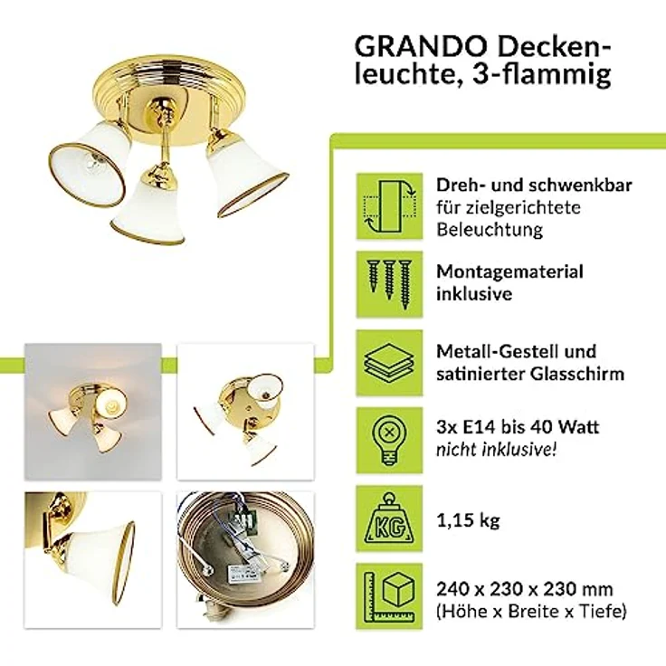 Licht-Erlebnisse Deckenleuchte GRANDO aus Glas Metall in Gold für Badezimmer Bad Ø23 cm E14 max. 40 W 3-flammig blendarm runde Deckenlampe Jugendstil – Bild 2