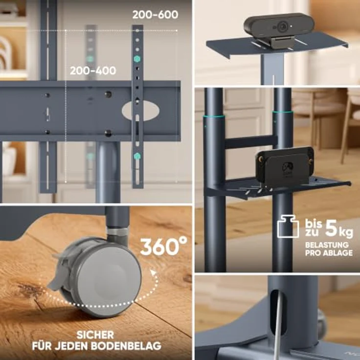ONKRON TS1571-G, mobiler TV Ständer rollbar für 32-75" Fernseher, bis 50 kg, max VESA 600x400, höhenverstellbar, Graphit – Bild 4
