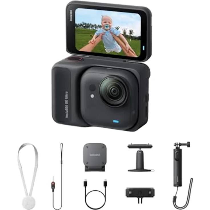 Insta360 GO Ultra Creator-Bundle, freihändige 4K Mini-Cam in Nachtschwarz, 200 Min Akku, FlowState-Stabilisierung, 10 m wasserdicht, ideal bei schwachem Licht