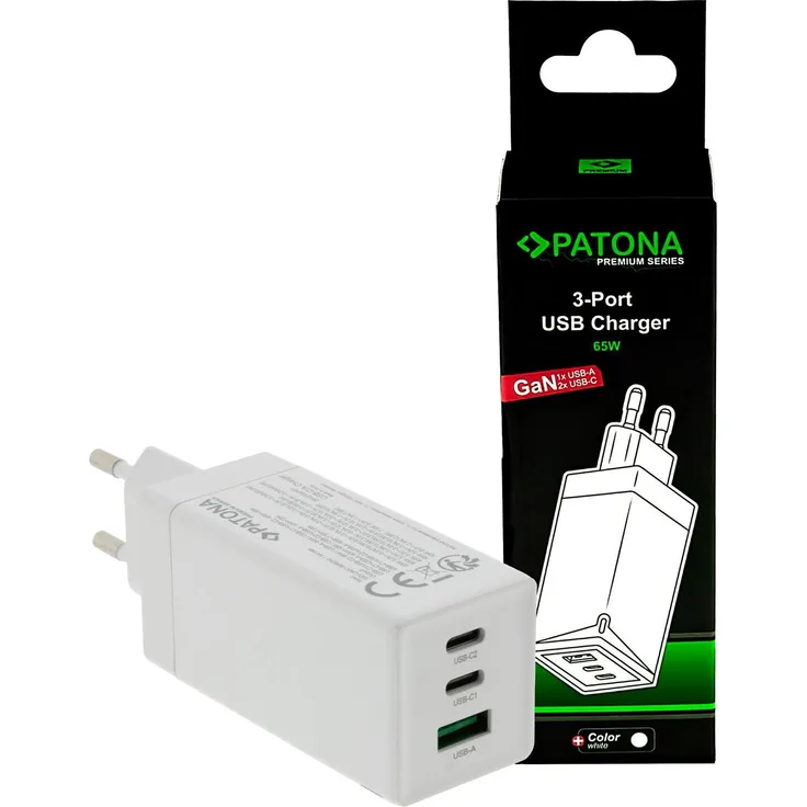 Patona GaN PD 65W, USB Ladegerät mit 2xUSB-C und USB-A, weiss, kompakt und leistungsstark