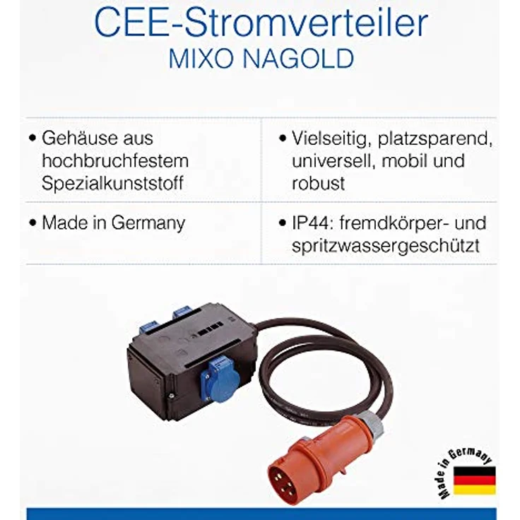 as - Schwabe MIXO Adapter - Stromverteiler NAGOLD – E-Stecker mit 1,5 m Gummischlauchleitung auf 3 Schuko Steckdosen – Robuster Baustellen Starkstrom-Verteiler – IP44 – Made in Germany I 60527 – Bild 3