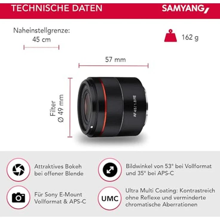Samyang AF 45 mm F1.8 Sony FE (Tiny but Premium) - Vollformat und APS-C Festbrennweite Autofokus Objektiv Sony E FE E-Mount für Sony A9 A7 A6600 A6500 A6400 A6300 A6000 A5100 A5000 Nex Kamera – Bild 2