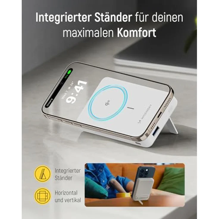 Wozinsky WLWP-10KA0Y3S Powerbank 10000 mAh, 22,5W PD, Qi2, mit Ständer, 1x USB-A, 1x USB-C, weiß – Bild 5