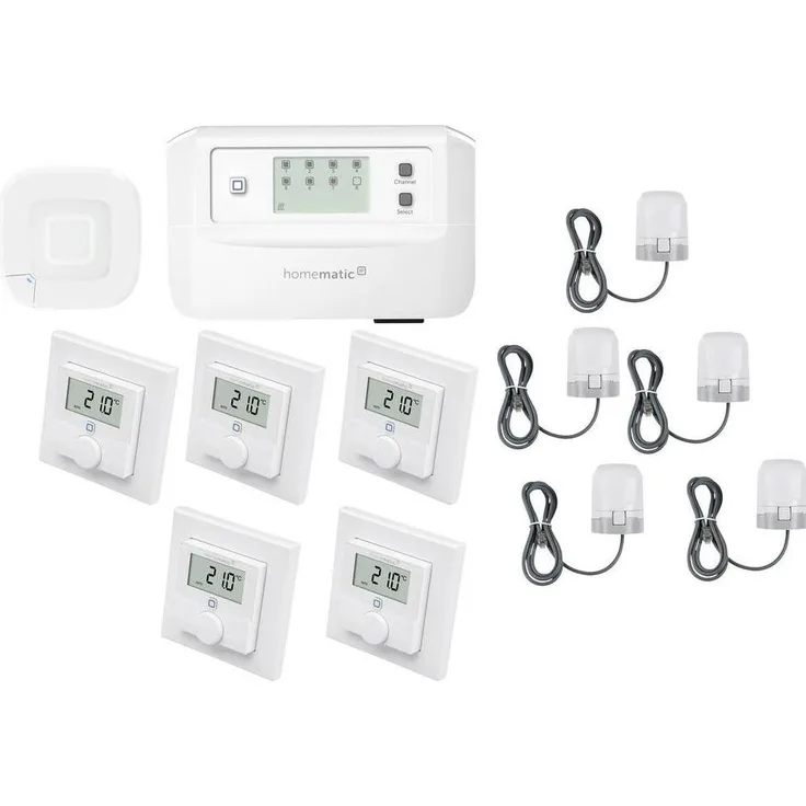 Homematic IP Set, Funk Access Point 2 mit Fussbodenheizungscontroller, 5x Wandthermostat und 5x Smart Home Hub, zentrale Steuerung per App, Sprachsteuerung mit Alexa und Google Assistant