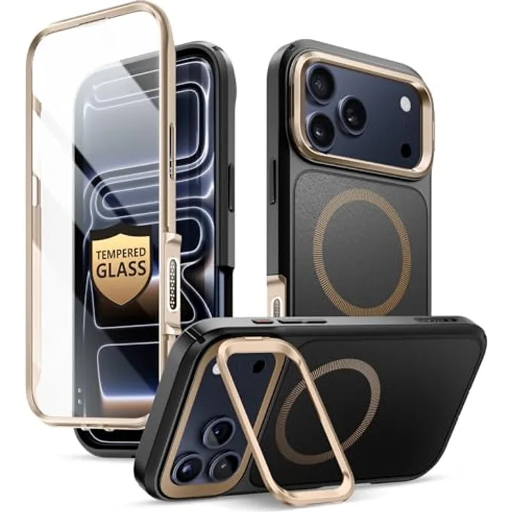 i-Blason iPhone 17 Pro Hülle MagSafe mit Ständer, 9H Displayschutz aus gehärtetem Glas, Kamera-Steuertaste, robustes Bumper Case, rutschfester Griff, 6.3'', Desert