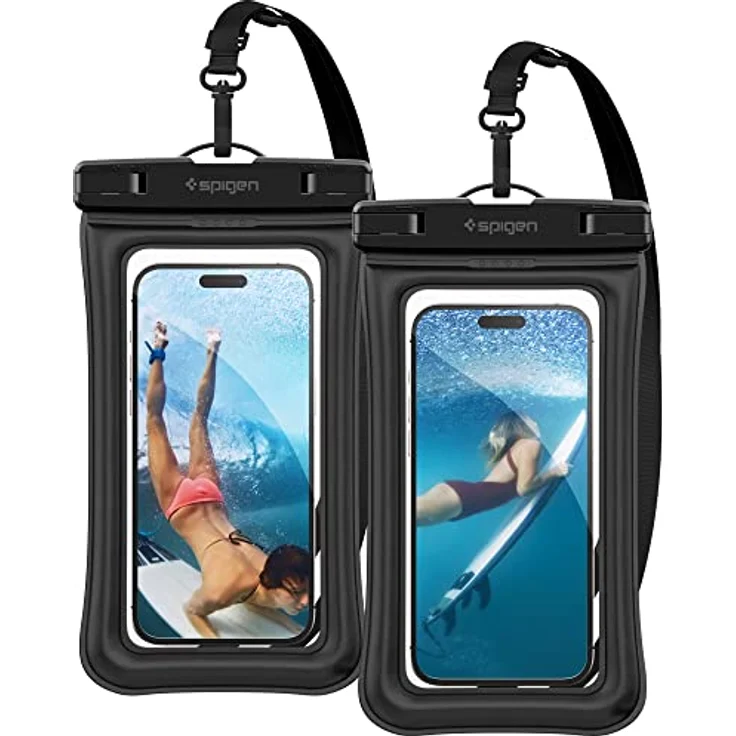 Spigen Aqua Shield wasserdichte Handyhülle Schwimmend [2 Stück] IPX8 Wasserfeste Handytasche Unterwasser Hülle Kompatibel mit iPhone, Galaxy, Xiaomi, Google Smartphones -Schwarz – Bild 1