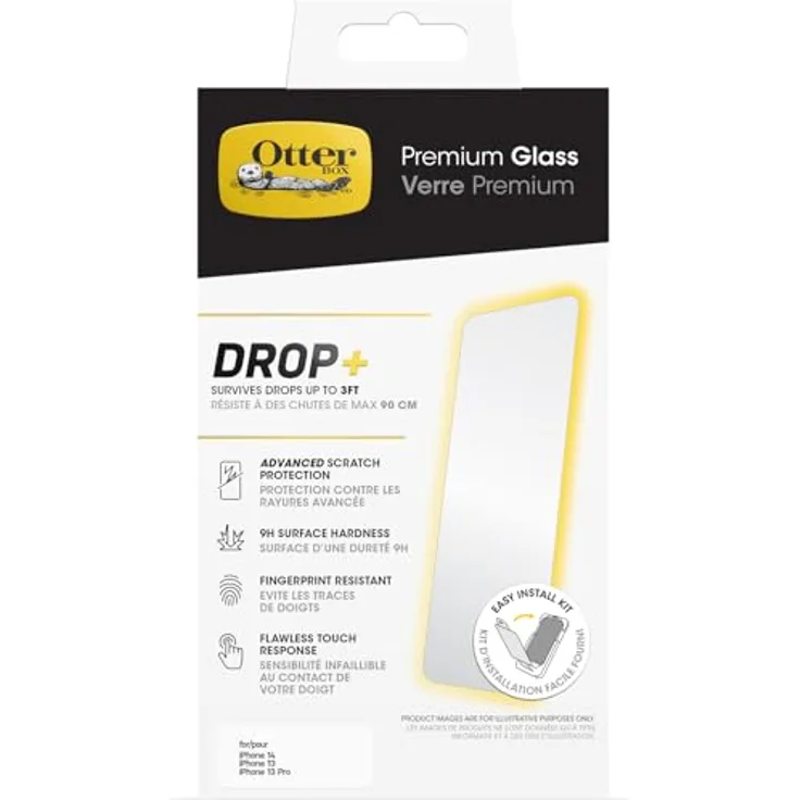 OtterBox Premium Glass Screen Protector for iPhone 14/iPhone 13/iPhone 13 Pro, Tempered Glass, advanced Scratch Protection, Survives Drops up to 3ft, Antimicrobial Protection, kristallklar