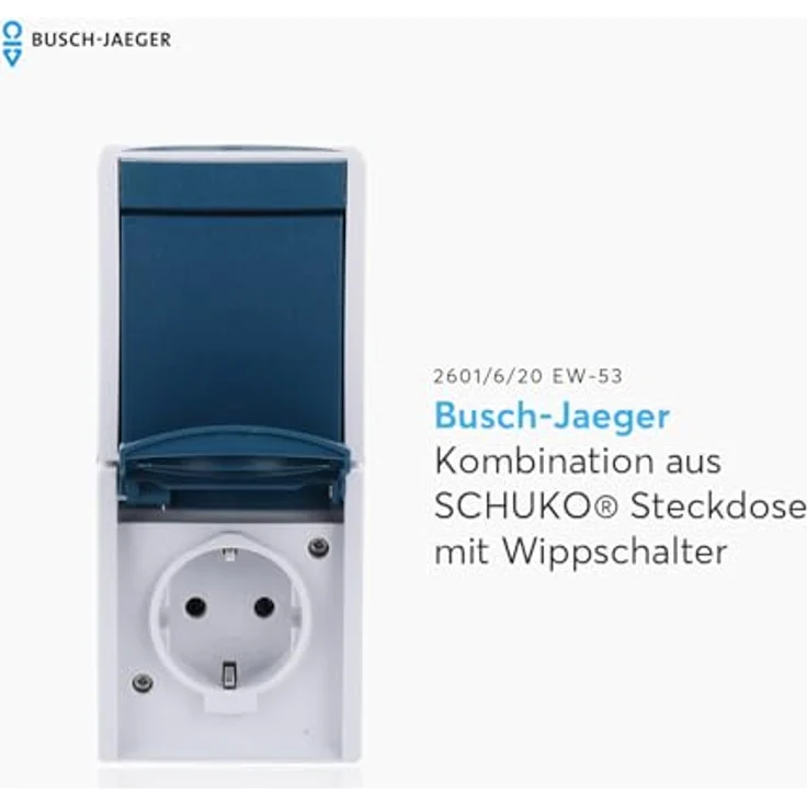Busch-Jaeger 2601/6/20 EW-53 Ocean IP44 AP Schalter / Steckdosen Kombination, wetterfestes Design in Grau/Blaugrün, senkrechte Montage, ideal für außen und Werkstatt – Bild 2