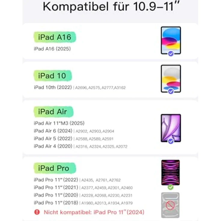 Inateck Hülle mit Tastatur, Ultraleichte Tastatur für iPad 10/11 A16 (2025), Air 11" M3/M2 (2025/2024), Pro 11 1-4, Abnehmbar mit Touchpad, QWERTZ, AceTouch KB04122 – Bild 3