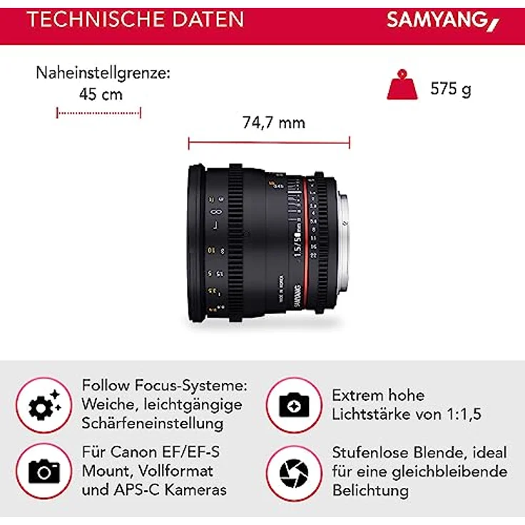 Samyang 50-1,5 Objektiv Video DSLR Canon EF manueller Fokus Videoobjektiv 0,8 Zahnkranz Gear, Porträtobjektiv schwarz – Bild 2