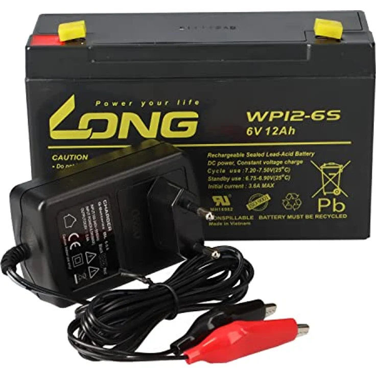 Akkuman.de AGM BLEI AKKU Batterie 6V 12Ah + LADEGERÄT Set, Kung Long WP12-6s, 6Volt, wartungsfrei, inkl. 3-Stufen-Ladegeräte, für Kinderauto Notstrom UVM. – Bild 1