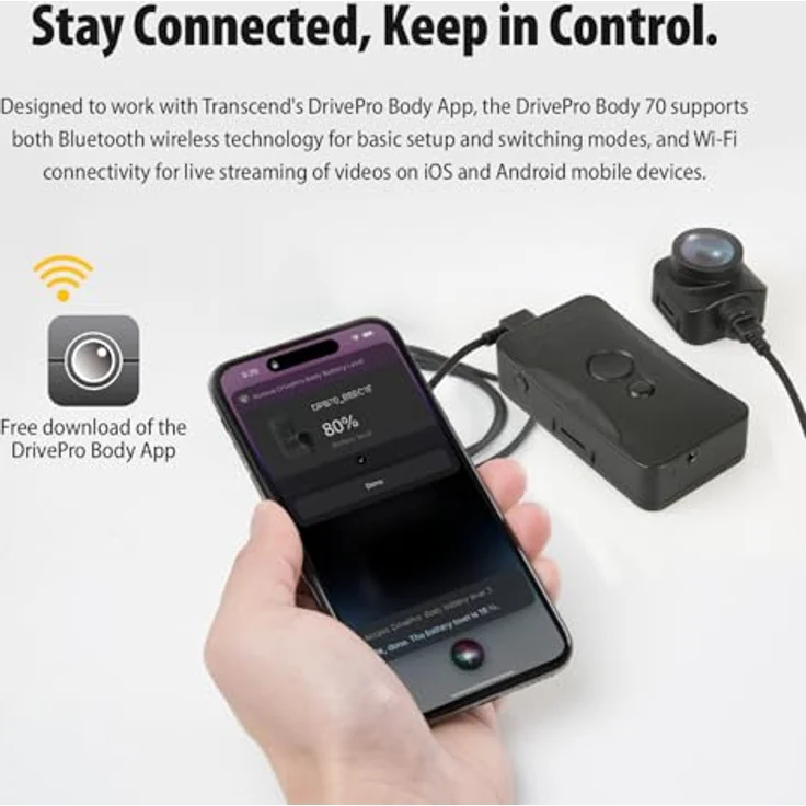 Transcend Body Camera Transcend - DrivePro Body 70, Separate Kamera (GPS-Empfänger, Akku, WLAN, Eingebautes Mikrofon, Nachtsicht, Bluetooth, Eingebautes Display, QHD), Dashcam, Schwarz – Bild 8