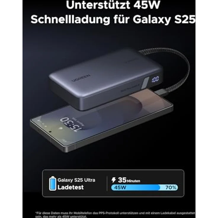 UGREEN Nexode Power Bank, 20000mAh 67W Schnellladung mit integriertem USB-C Kabel, kompatibel mit Xiaomi 15 Ultra, Galaxy S25 Ultra, iPhone 17/16 Serie, inkl. Trageriemen und Mehrfachschutzsystem – Bild 3