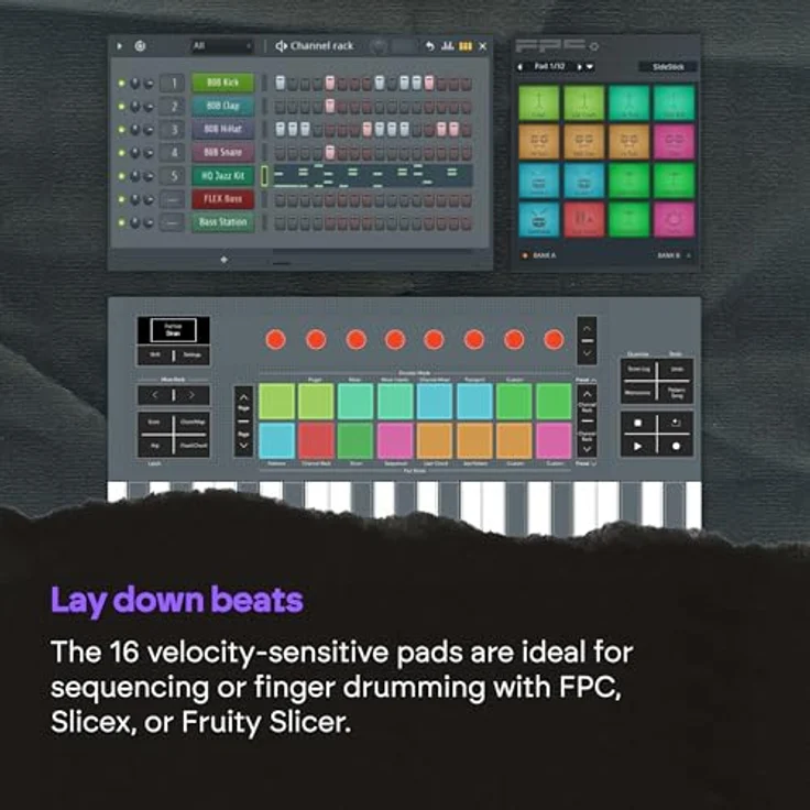 Novation FLkey 2 61, USB MIDI-Keyboard mit 61 halbgewichteten Tasten, 9 Fadern, 16 Pads und integrierten Arpeggiator, schwarz – Bild 6