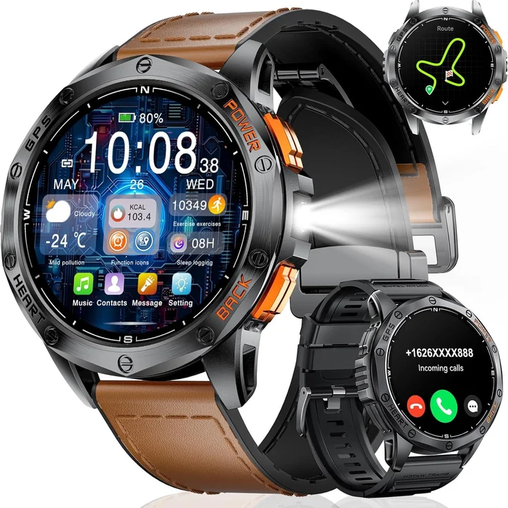 LIGE GPS Militär Smartwatch Herren, 1.43 Zoll AMOLED, Telefonfunktion, 530 mAh Akku, 180 Sportmodi, IP68 wasserdicht