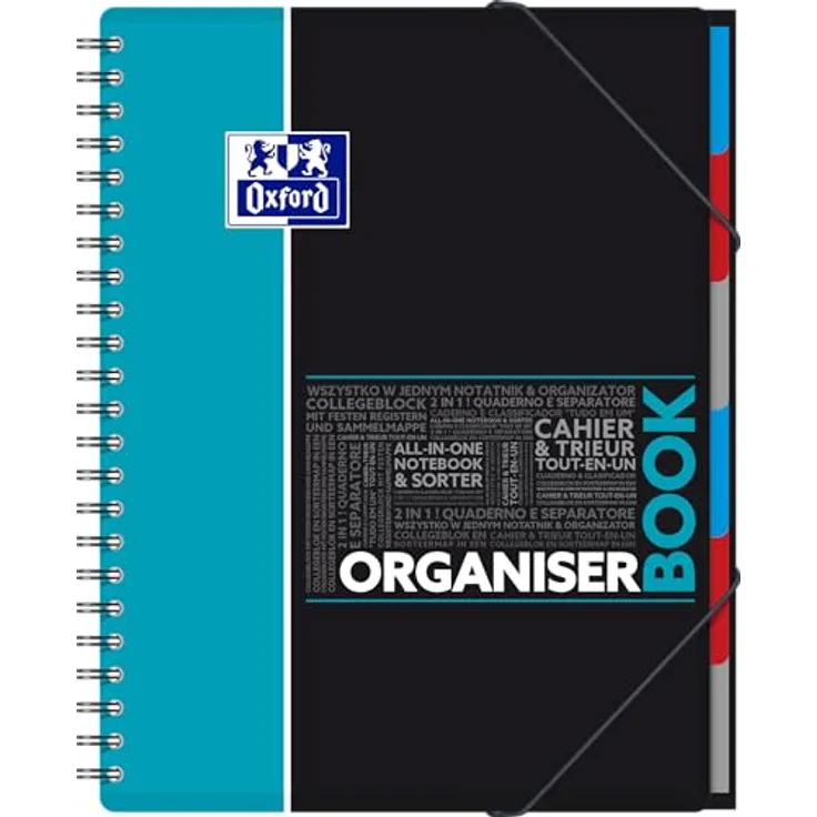 OXFORD Collegeblock Studium Organiserbook A4+ kariert, 80 Blatt, mit 6 Registern und Gummizug, holzfreies Papier, kompatibel mit SCRIBZEE®-App
