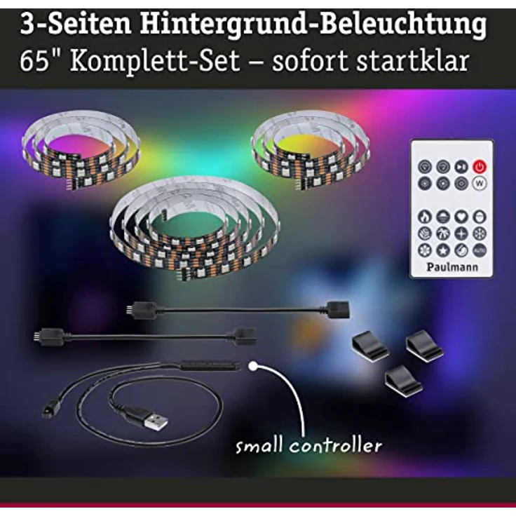 Paulmann 78881 LED Stripe USB TV-Beleuchtung 65 Zoll 2,4m 60LEDs/m Dynamic Rainbow RGB incl. 1x4 Watt dimmbar Lichtband Schwarz Kunststoff – Bild 3