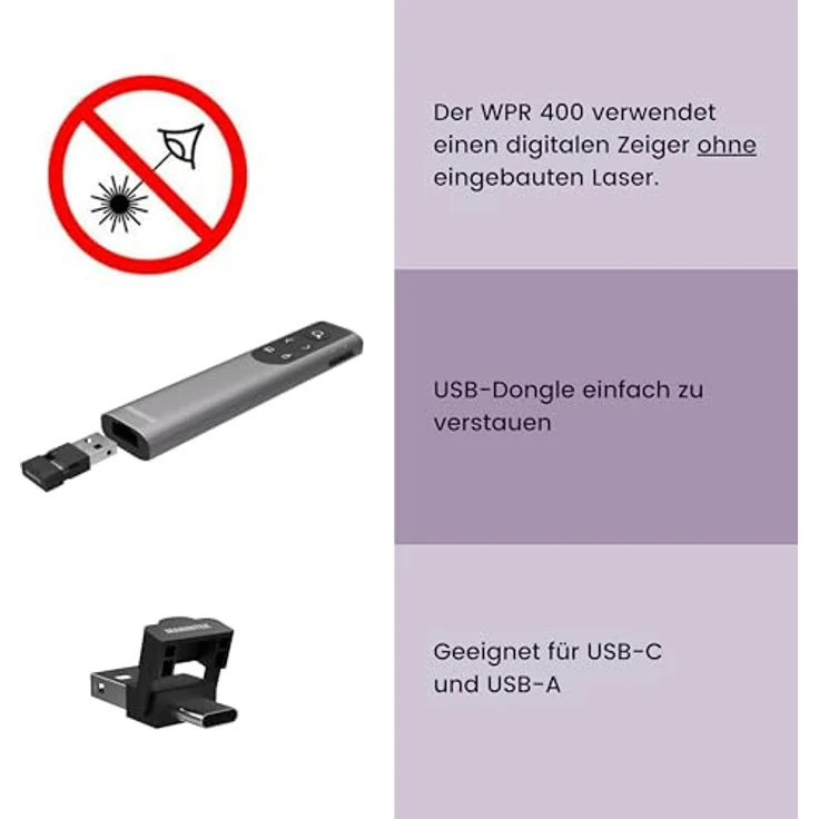 Marmitek WPR-400, Kabelloser Presenter mit digitalem Laserpointer, Air-Maus Funktion, Zoom, 30 Meter Reichweite, USB-Empfänger, stabil im Metallgehäuse, wiederaufladbarer Akku – Bild 4