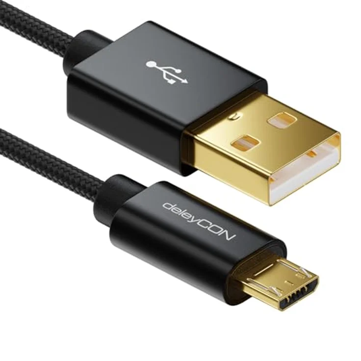 deleyCON 0,5m Micro USB Kabel Nylon Ladekabel - Schwarz, USB 2.0 Hi-Speed, kompatibel mit Smartphones und Tablets, hohe Datenübertragungsrate von 480 Mbit/s – Bild 1