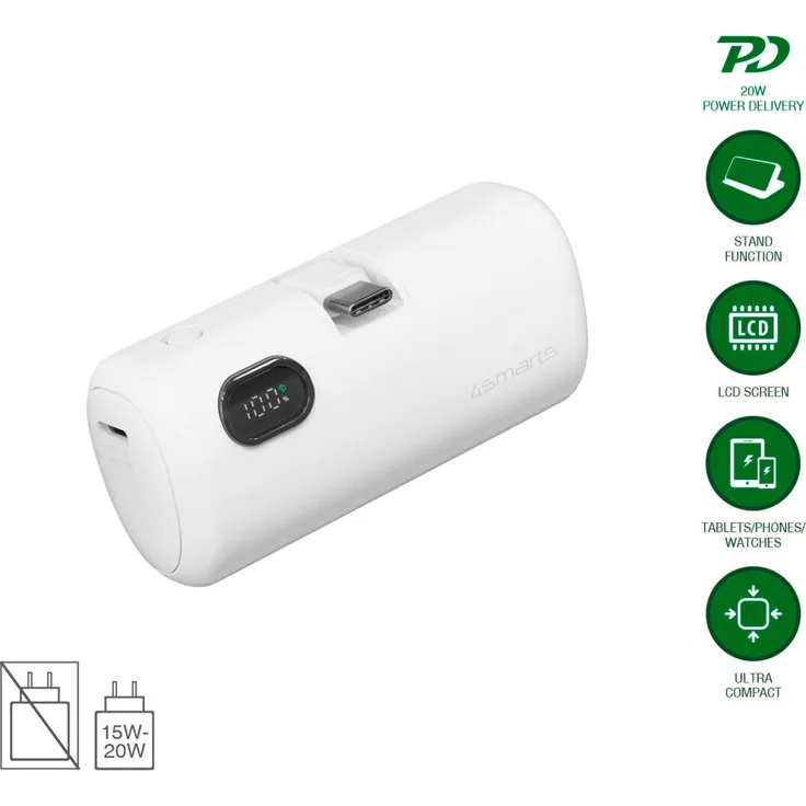 4smarts 541657 Powerbank, 5000 mAh mit Adaptive Fast Charging, Power Delivery 2.0, Quick Charge 3.0, Weiß
