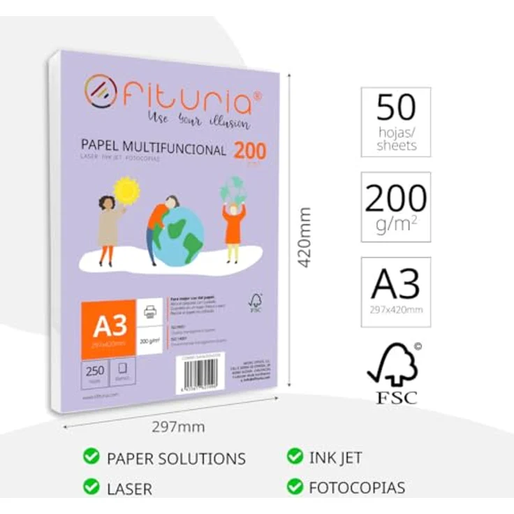 OFITURIA Druckerpapier A3, 50 Blatt, 200g/m², multifunktionales Kopierpapier für Schule und Büro, FSC-zertifiziert, weiß – Bild 2