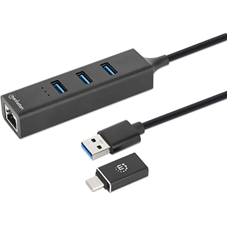 MANHATTAN 180894 Hub USB 3.0 3 Ports Combo Type-C/A mit Gigabit-Netzwerkadapter, Schwarz