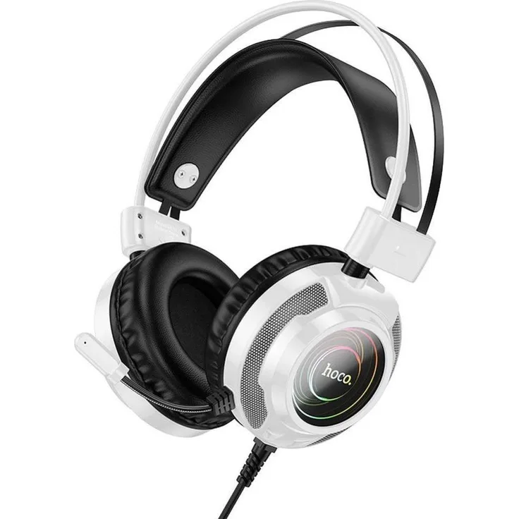 Hoco Gaming W110, Wired Headset mit RGB-LED, 50 mm Treiber, USB A + Jack 3,5 mm, Mikrofon, 2 m Kabel, Weiß/Schwarz