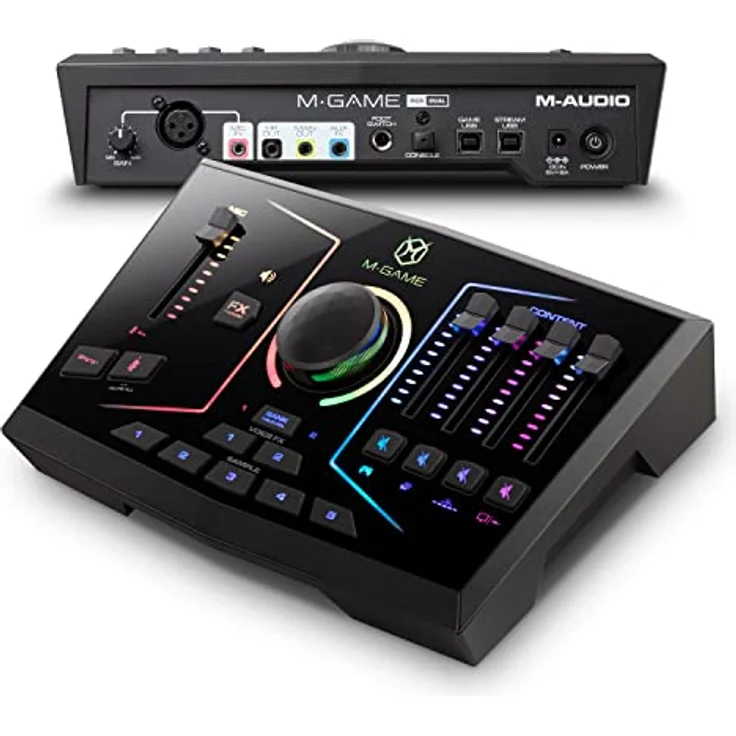 M-GAME RGB DUAL USB Audio Interface Mischpult für Streaming und Gaming mit XLR-Mikrofoneingang, optischem Eingang, Voice FX, RGB-Lichtern & Software, RGB Dual - Schwarz – Bild 1