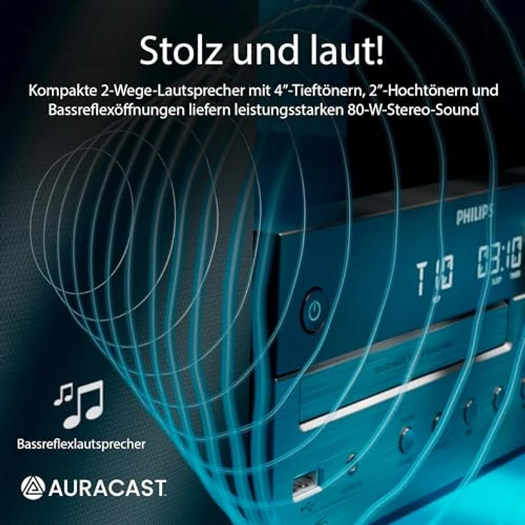 Philips TAM4505M2/12 Mikrosystem Hi-Fi 80W, Bluetooth, DAB+, CD, USB, Schwarz/Dunkelgrau – Bild 8