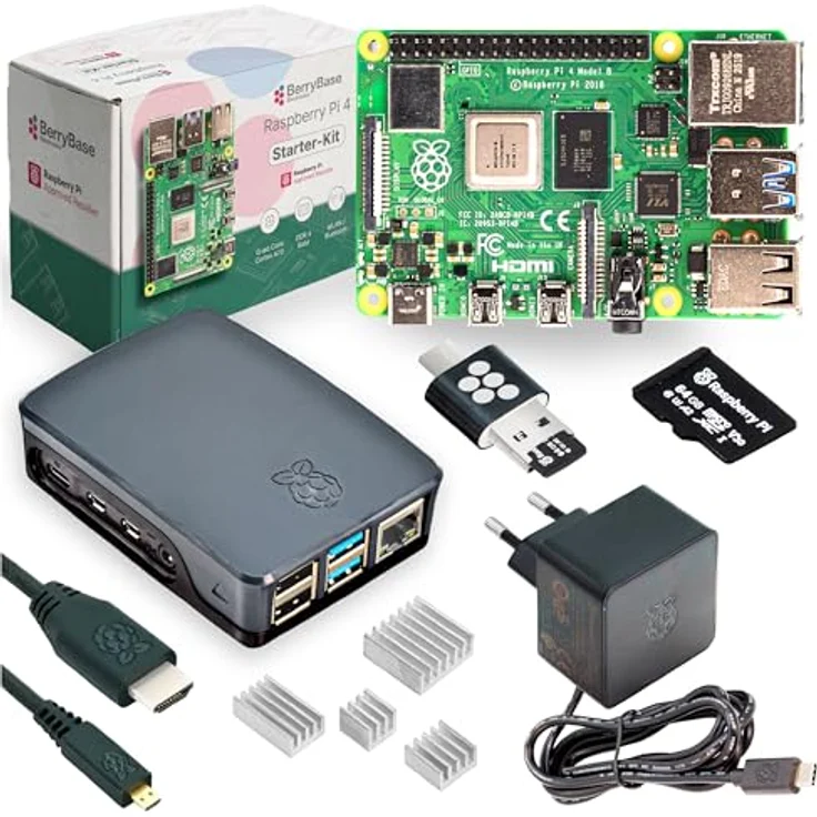 BerryBase Raspberry Pi 4 Starterkit, 64GB microSDHC mit Pi OS, Gehäuse, Netzteil, HDMI-Kabel, 8GB RAM, schwarz – Bild 1