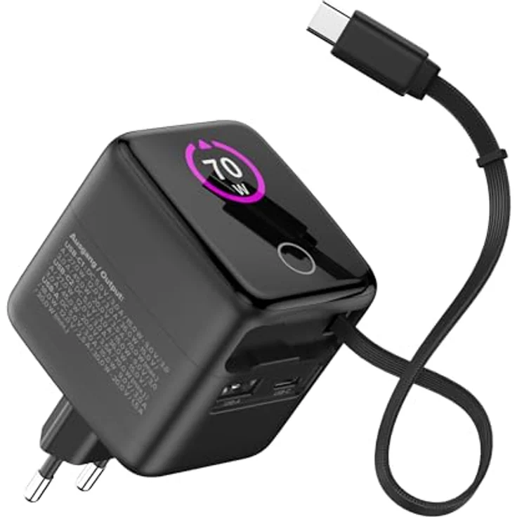 InLine USB C & USB A Ladegerät 70W, GaN Netzteil mit ausziehbarem Kabel, Display, Power Delivery & Quick Charge, schwarz, 31507R – Bild 1
