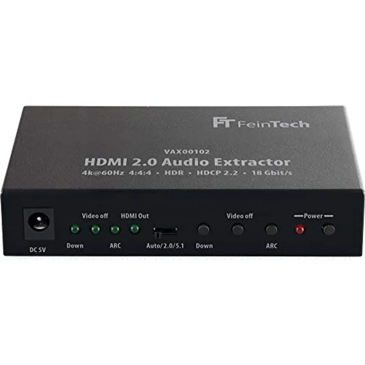 FeinTech VAX00102 HDMI 2.0 Audio Extractor mit ARC, 4K HDR, Schwarz, digitaler und analoger Audioausgabe